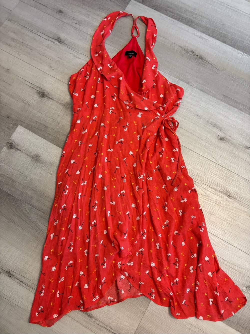 Lumière Floral Wrap Midi Dress Red Orange Halter Open Back Large - Picture 8 of 11